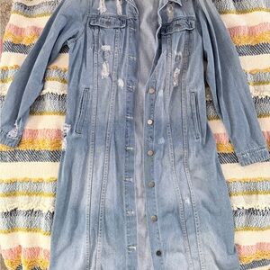 Women's Light Blue Distressed Denim Long Jacket